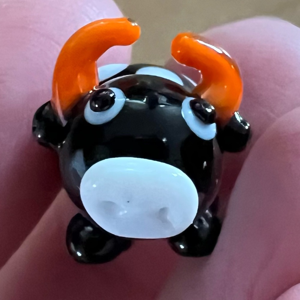 Tiny Glass Bull figurine in Black, White, and Orange - handmade